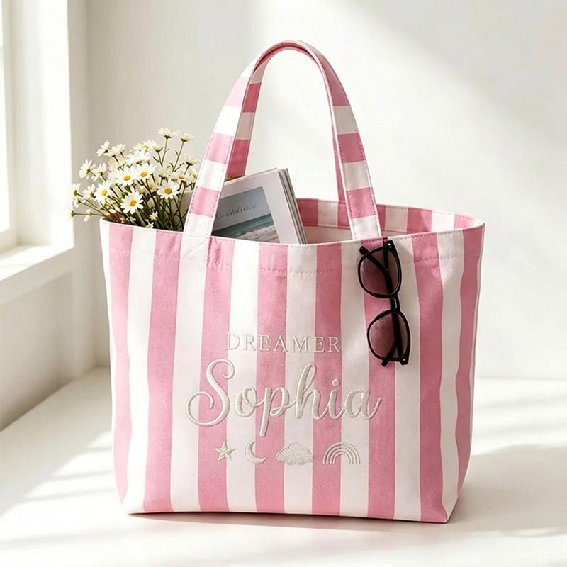 Personalized Dreamer Themed Pastel Stripe Design Canvas Tote Bag With Name Moon Star Cloud Rainbow Motifs Design 