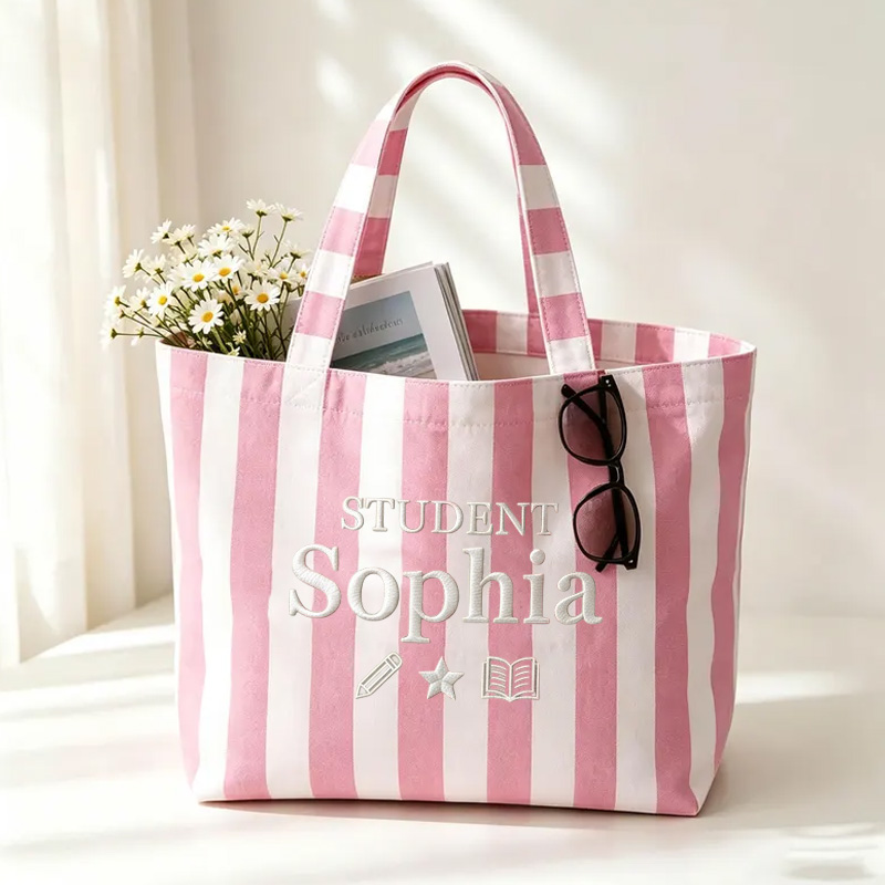 Personalized Embroidery Student Themed Pink Stripe Design Canvas Tote
