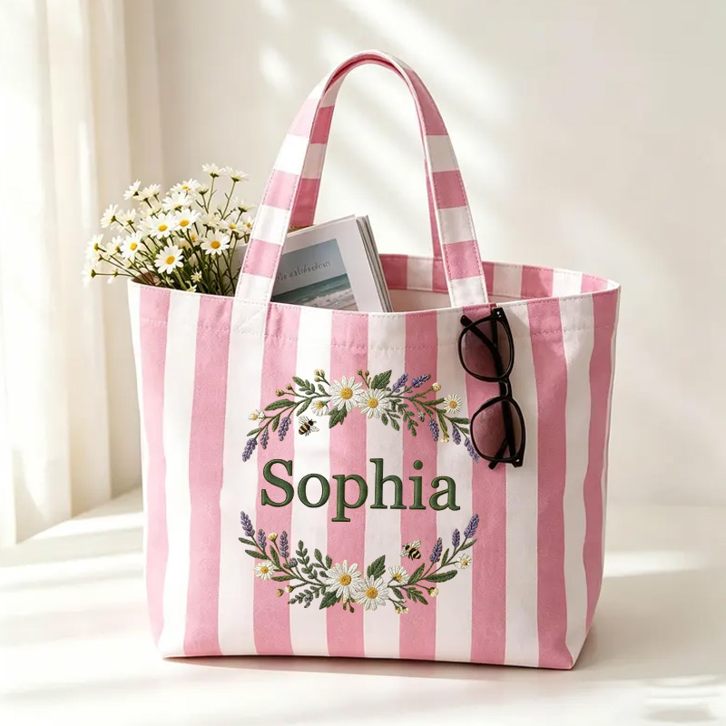 Personalized Embroidery Floral Wreath Themed Lavender Stripe Design Canvas Tote Bag With Name Rustic Botanical Pattern Gift for Girls
