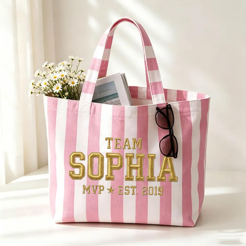 Personalized Embroidery Team Themed Neutral Stripe Design Canvas Tote Bag With Name MVP Est Year Sporty Varsity Style