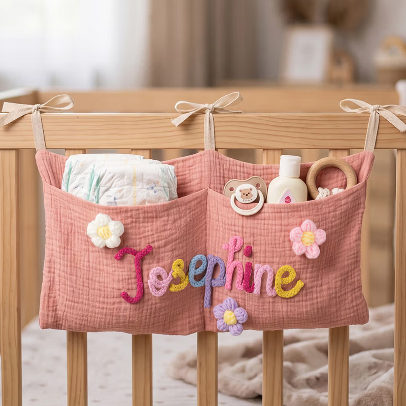 Personalized 100% Cotton Crib Organizer Bag Hanging Storage Car Backseat Pouch Nursery Decor Baby Shower Birthday Gift for Newborn New Parent