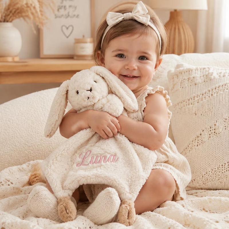 Personalized Embroidered Plush Bunny Security Blanket With Embroidered Name Soft Baby Lovey Comforter For Newborns Toddlers