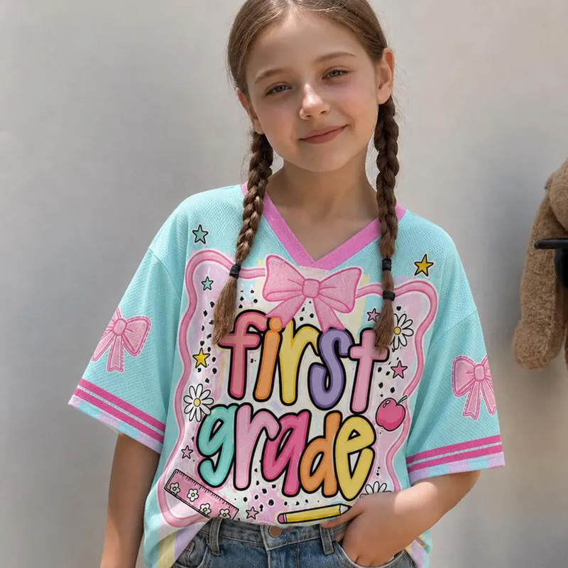 Personalized Grade Back To School Themed Kids Jersey Top Colorful Pastel Lettering Flowers Bows Rainbow Cute Outfit