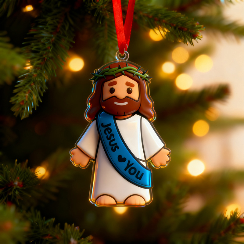 Personalized Cute Jesus Acrylic Ornament with Sash Jesus Love You Custom Name Holiday Tree Decor Religious Gift for Kids Christian Gift for Christmas