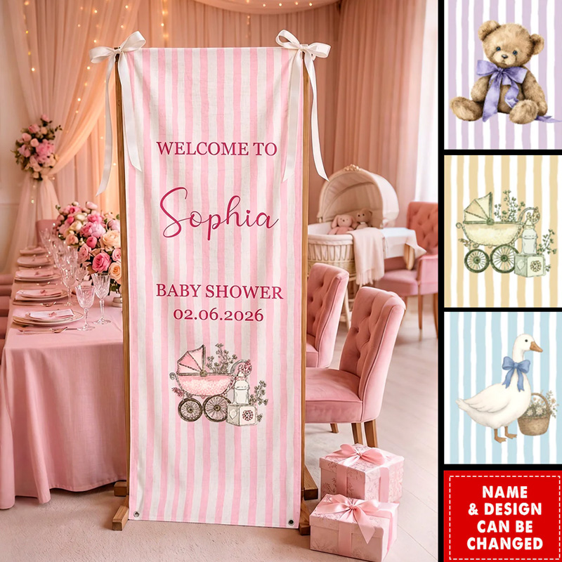 Personalized Baby Shower Banner With Custom Name Cute Bear Stroller Duck Options Pink Stripe Party Decor Welcome Sign
