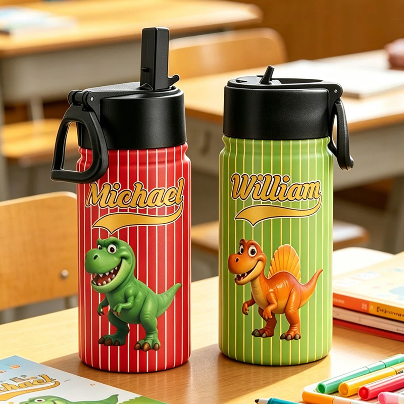 Personalized Kids Dinosaur Vehicles Water Bottle Custom Name Cute Gree