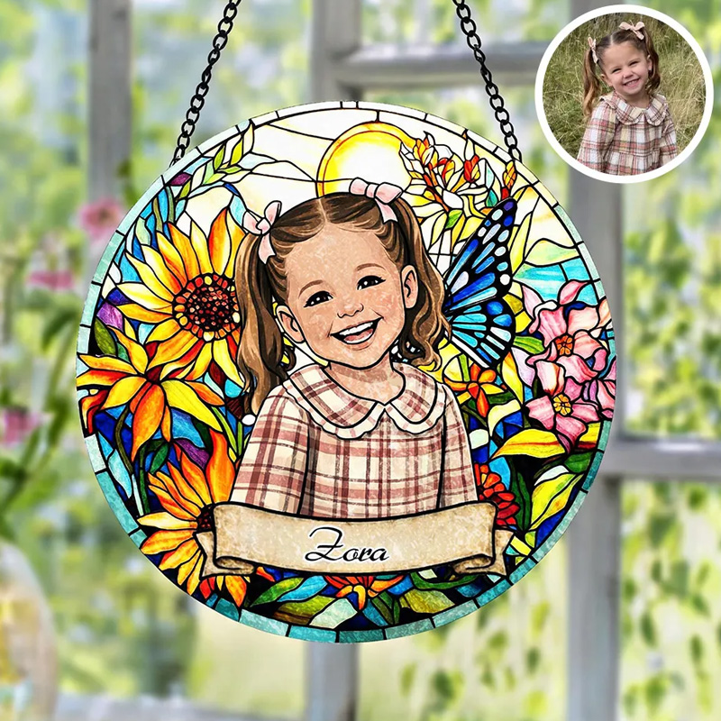 Personalized Kid's Photo and Name Portrait Stained Glass Floral Kids Name Keepsake Window Hanging Suncatcher