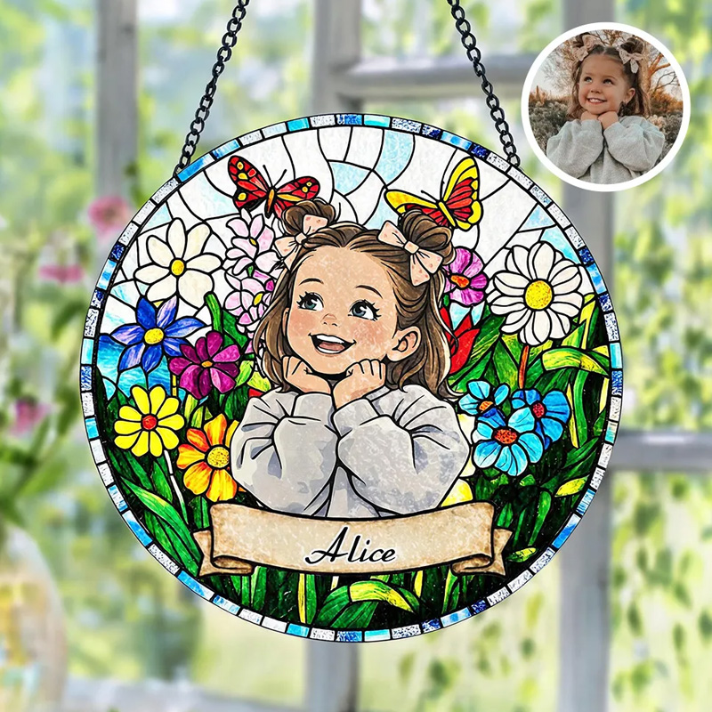 Personalized Photo Portrait Stained Glass Colorful Garden Flowers Butterfly Kids Name Keepsake Window Hanging Suncatcher