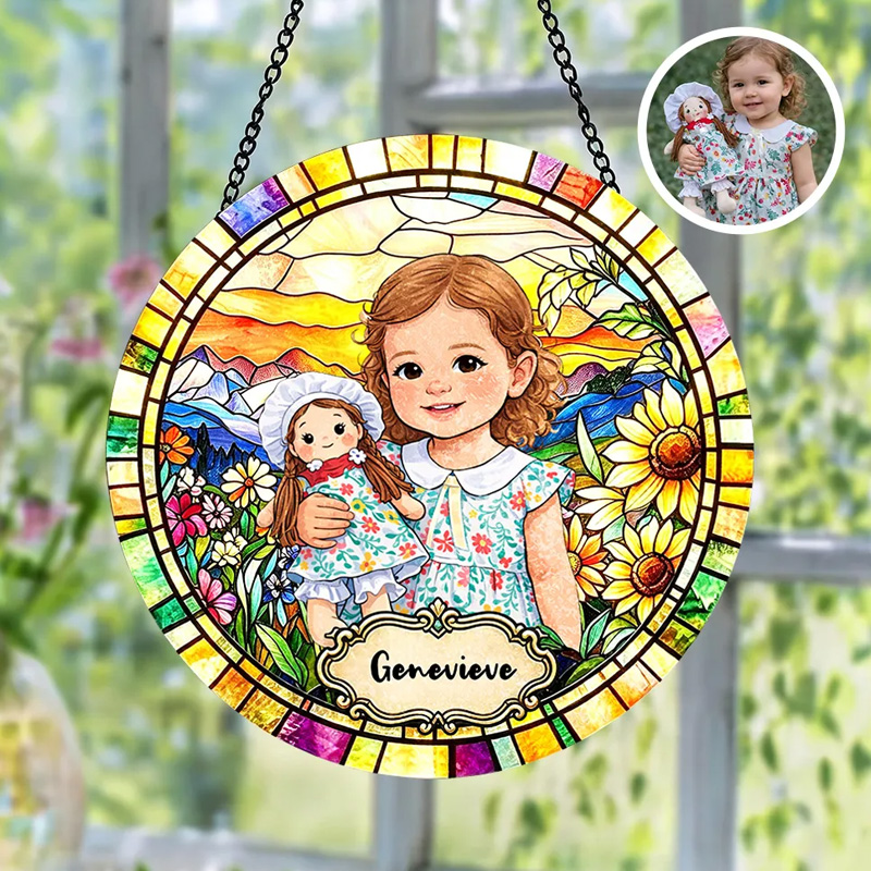 Personalized Photo Portrait Stained Glass Rainbow Border Girl With Doll Colorful Name Keepsake Window Hanging Suncatcher
