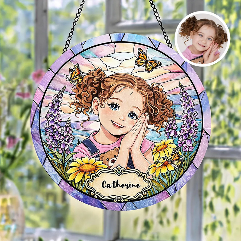 Personalized Photo Portrait Stained Glass Pastel Sky Flowers Butterfli