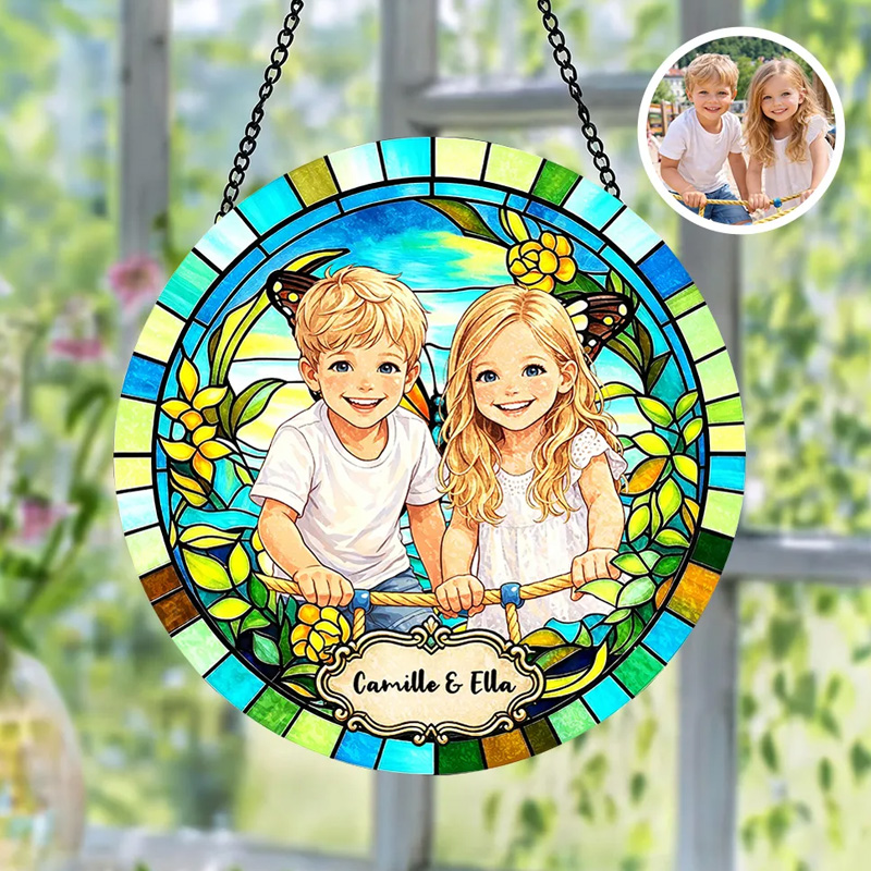 Personalized Photo Portrait Stained Glass Siblings In Garden Blue Gree