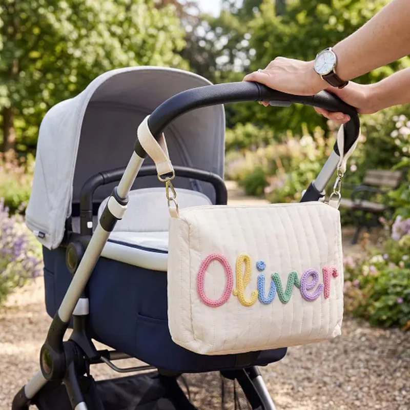 Personalized Quilted Baby Stroller Diaper Bag With Custom Rainbow Name Patch For Mom And Kids