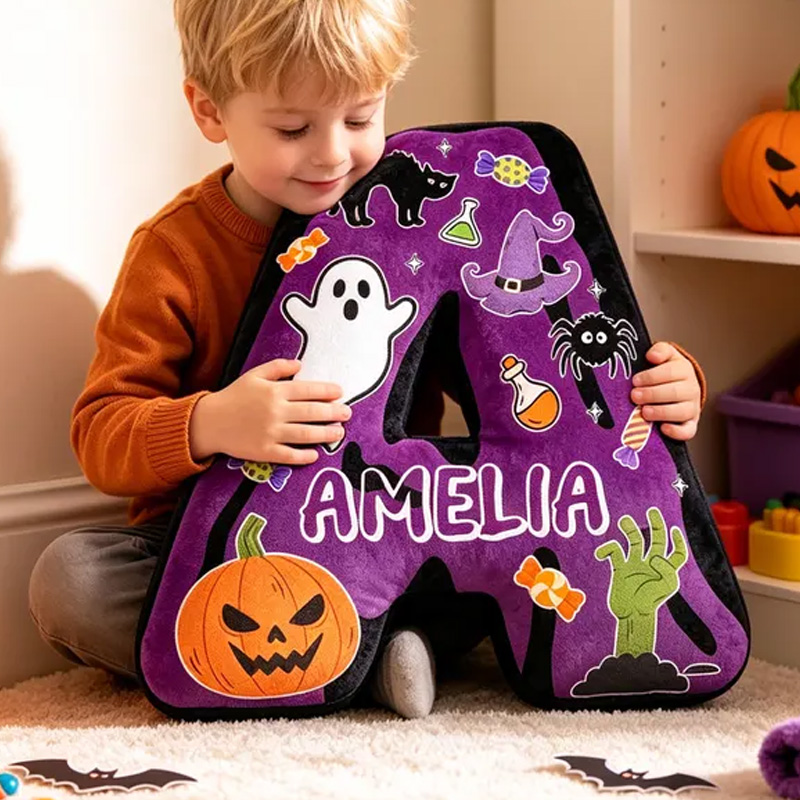 Personalized Halloween Alphabet Initial Name Cushion With Cute Ghost Pumpkin Spider Bat And Candy Kids Bedroom Decorative 3D Print Pillow