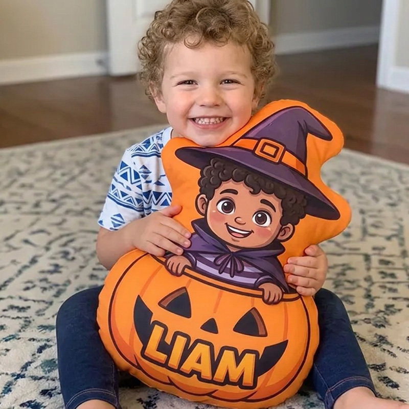 Personalized Halloween Girl Witch With Pumpkin Bucket Custom Name and Photo Kids Room Decoration Throw Cushion 3D Print Pillow