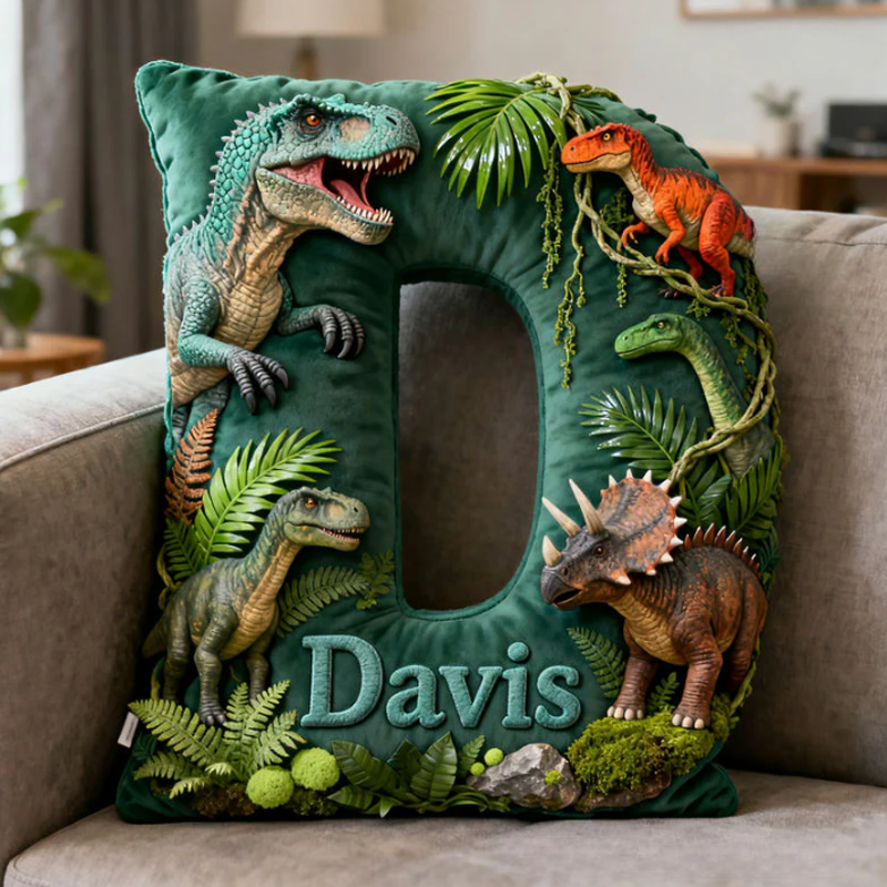 Personalized Dinosaur World Initial Graphic 3D Print  Pillow with Name Christmas Gift for Kids