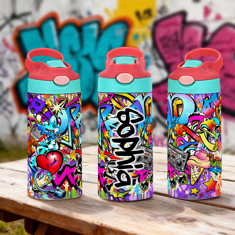 Personalized Graffiti Style 12 oz Insulated Kid Water Bottle with Name and Straw Back to School Birthday Gift for Boys Girls