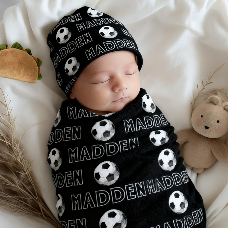 Personalized Soccer Baby Swaddle Blanket and Hat Set with Name Soft Fleece Sport Design Perfect Baby Shower or Newborn Gift