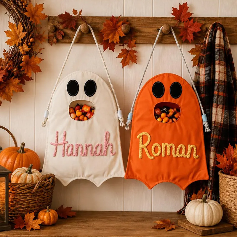 Personalized Rope Embroidery Ghost Halloween Candy Bag Custom Name Tri