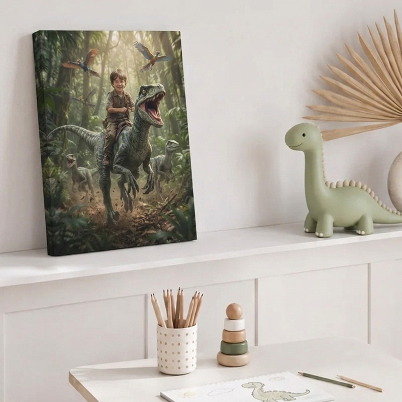Personalized Dinosaur Adventure Canvas Custom Photo Kid Riding Raptor Jungle Wall Art For Boys Room Decor