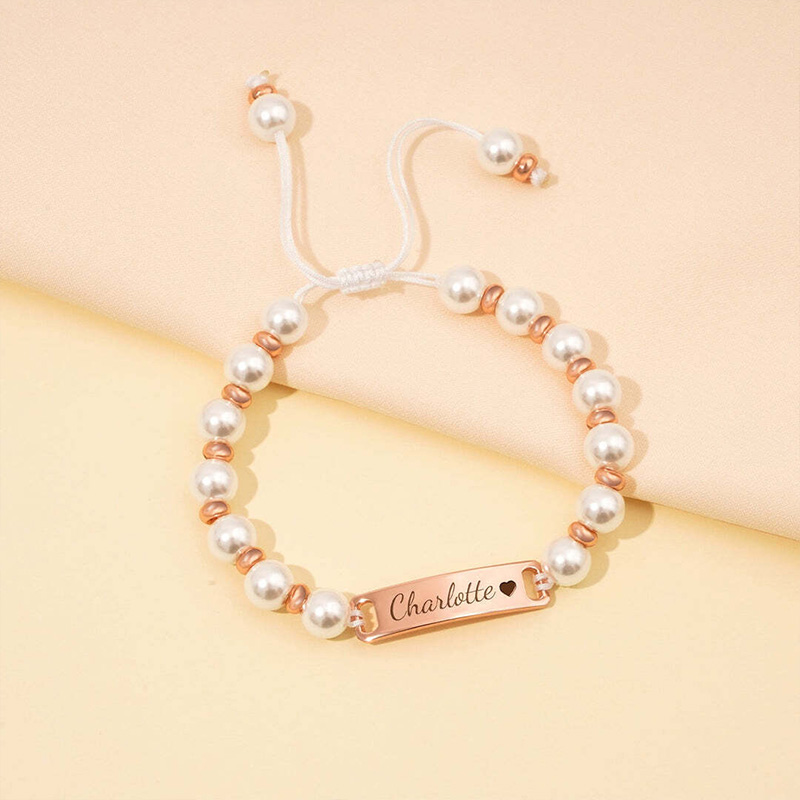 Personalized Baby Name Pearl Bracelet Custom Engraved Gold Bar Newborn Baptism Gift Keepsake For Girls Boys