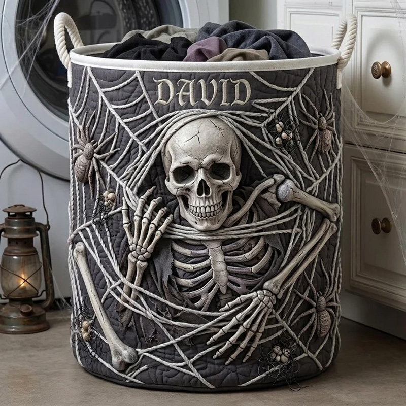 Personalized Halloween Skeleton Laundry Basket Spooky Skull Storage Bin Custom Name Clothes Hamper For Home Gift for Kids