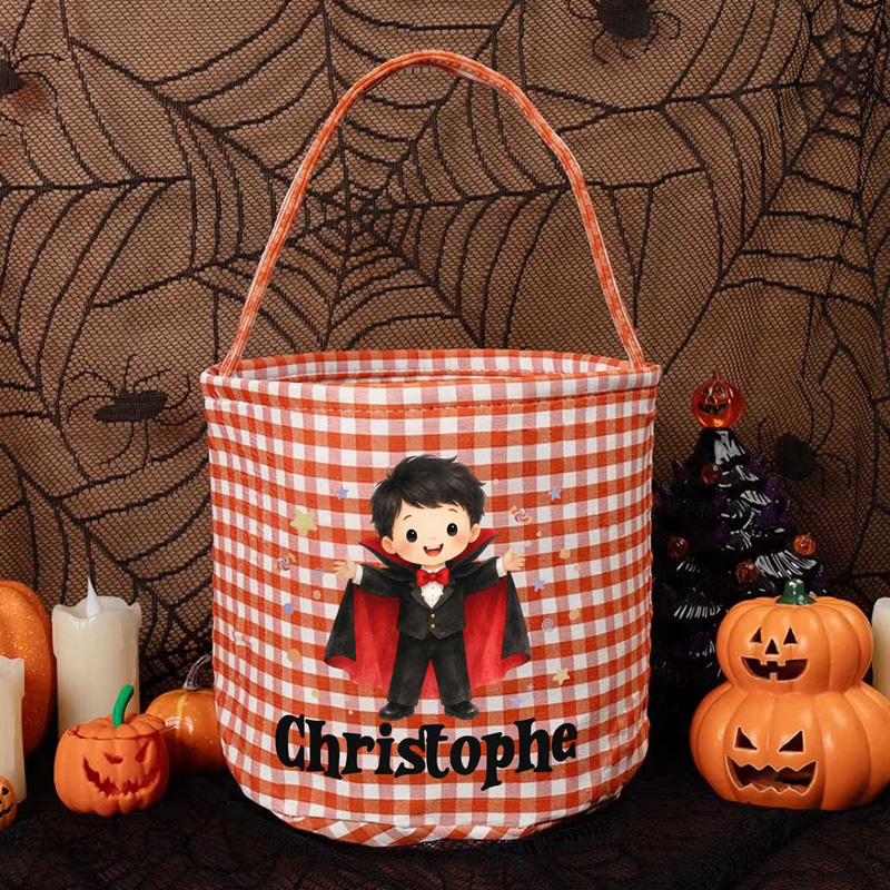 Personalized Halloween Trick Or Treat Bag Gingham Vampire Candy Bucket