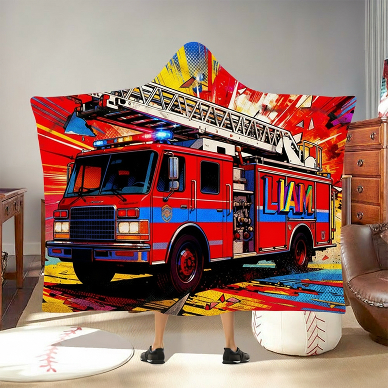 Personalized Vibrant Modern Construction Toy Truck Hoodie Blanket Custom Name Fun and Practical Gift for Kids Indoor Outdoor Use