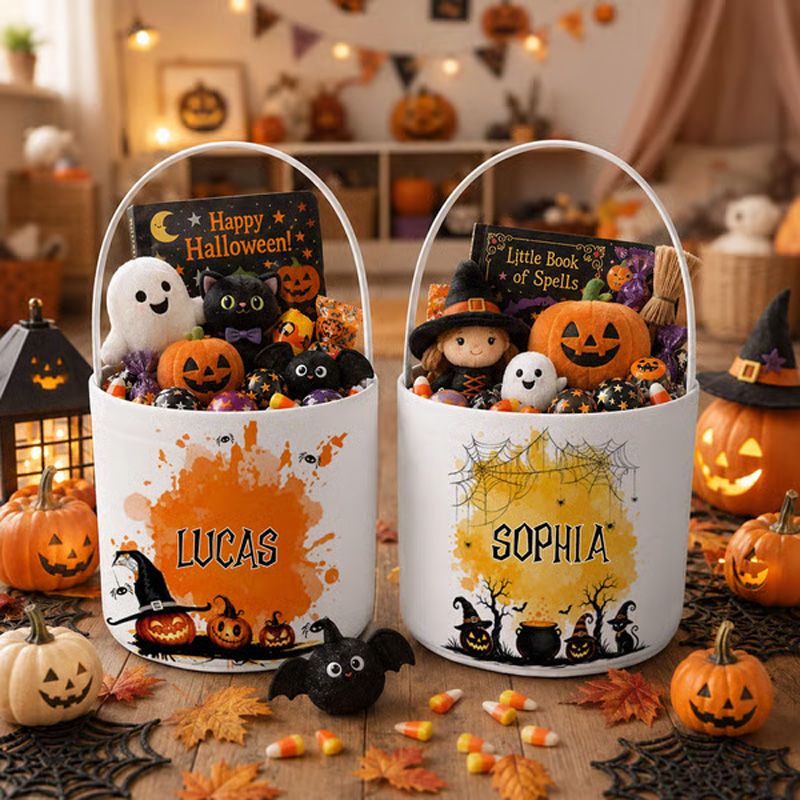 Personalized Halloween Trick Or Treat Bucket Custom Candy Pail With Name Reusable Kids Pumpkin Ghost Treat Tote