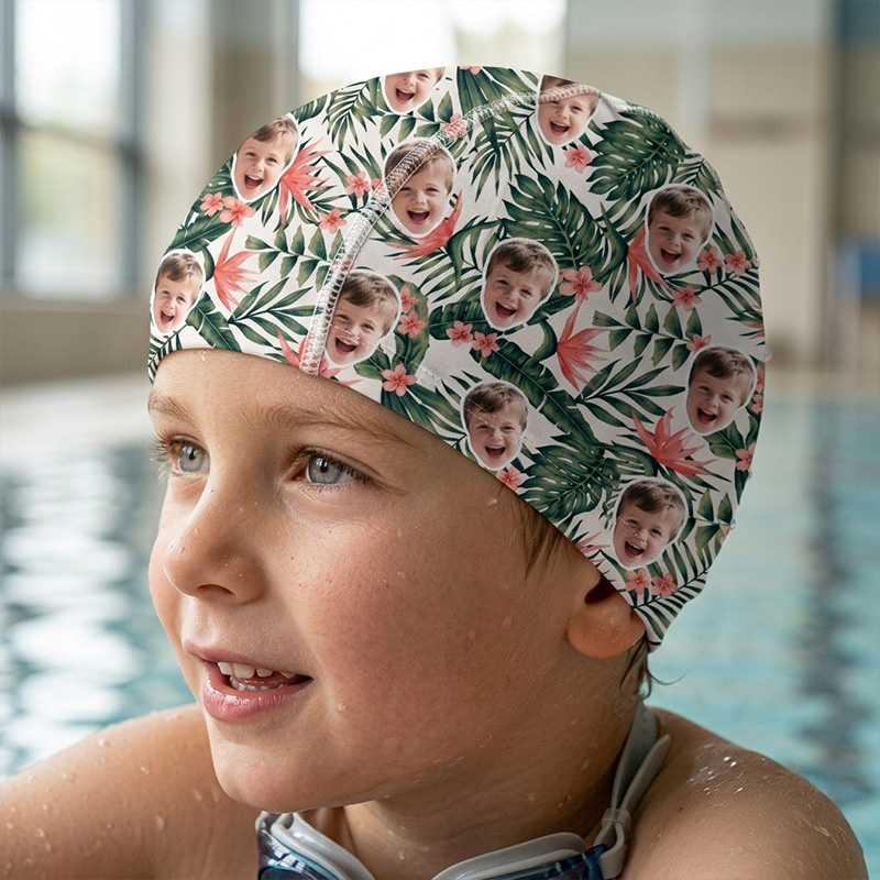 Personalized Hawaii Style Flower Leaf Face Photo Comfortable Swim Cap