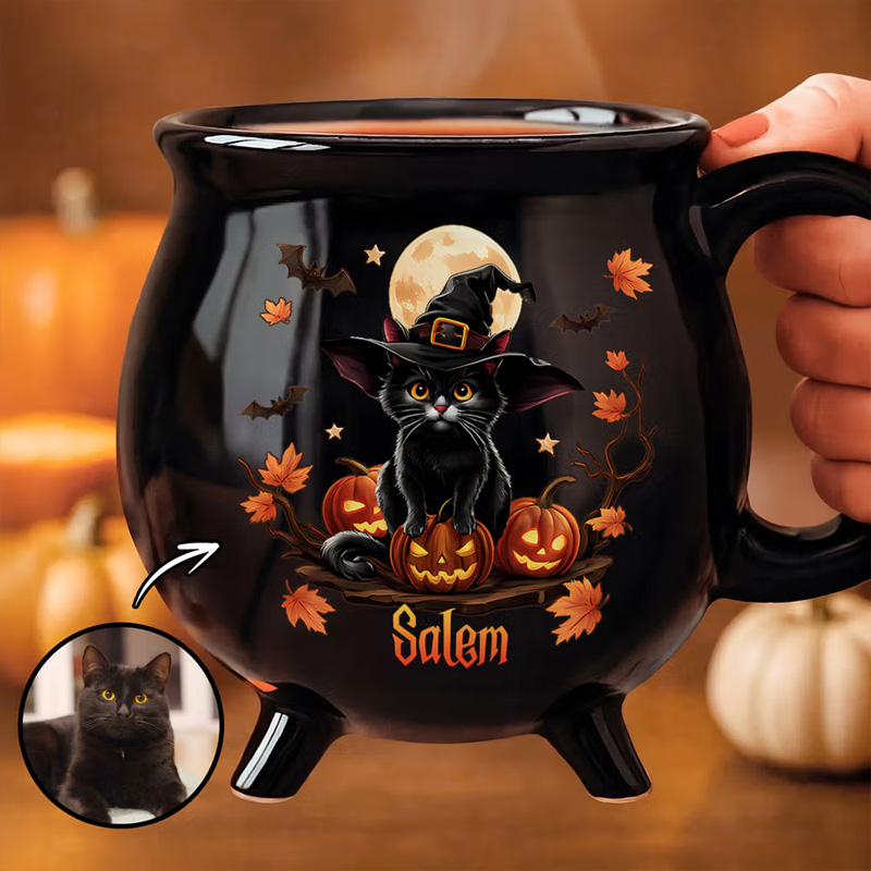 Personalized Halloween Style Pet Photo Pumpkin Cauldron Ceramic Coffee Mug with Name and Handle Halloween Party Birthday Gift for Pet Owners Lovers