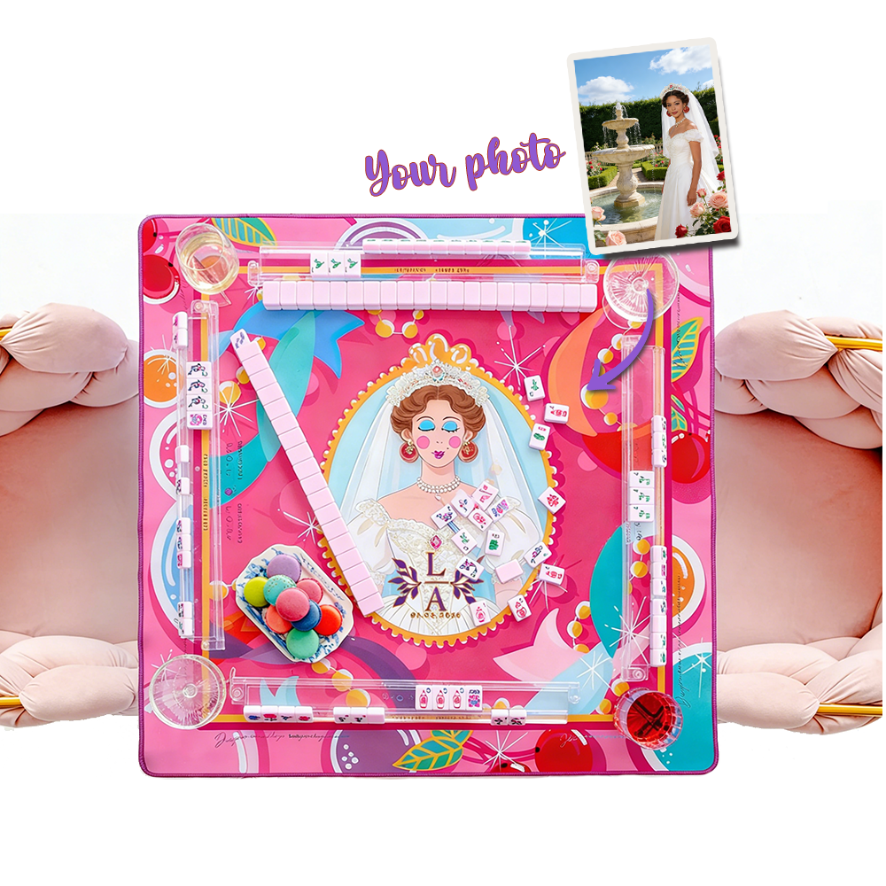Personalized Wedding Themed Mahjong Table Mat With Bride Illustration Personalized Photo Option Pink Decorative Game Mat Ideal For Bridal Showers And Wedding Gifts