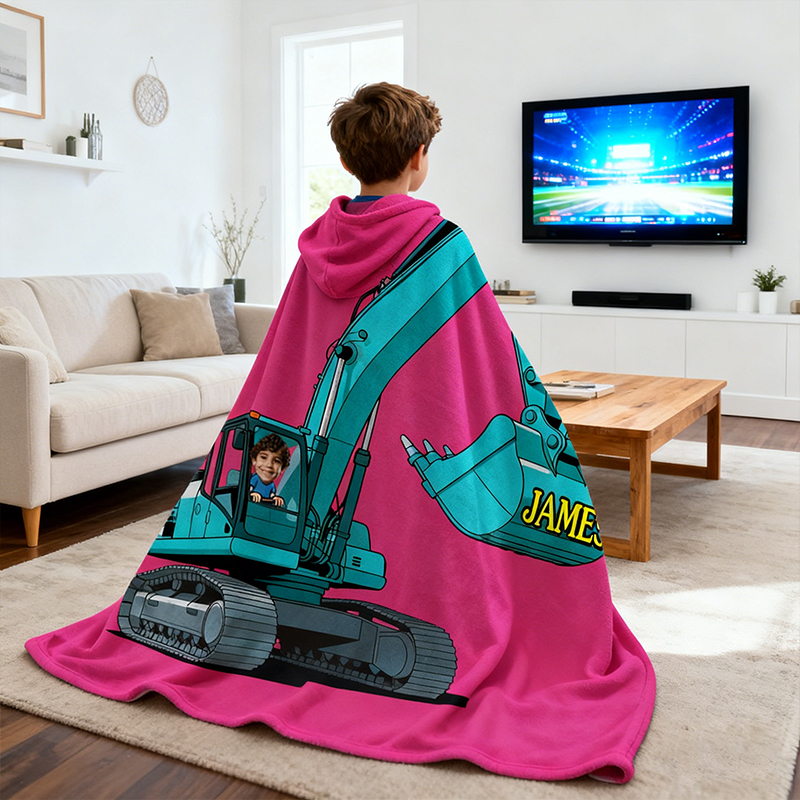 Personalized Vibrant Modern Excavator Print Hooded Blanket Custom Name and Photo Practical Fun Gift for Kids Indoor Outdoor