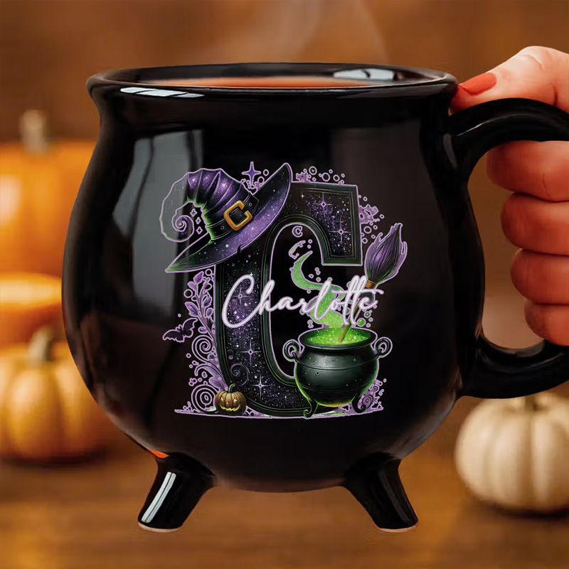 Personalized Magic Pot and Witch Hat Glitter Initial Black Cauldron Ceramic Coffee Mug with Name Trick or Treat Halloween Party Gift for Women Kids