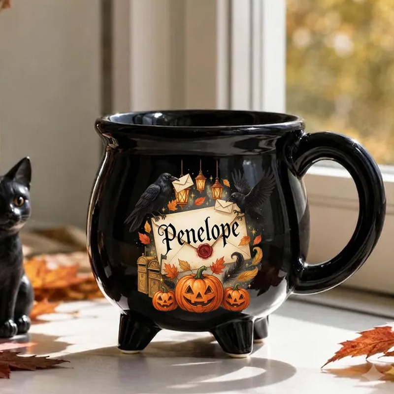Personalized Halloween Witch Pumpkin Custom Name Autumn Gift Pumpkin Cauldron Ceramic Coffee Mug