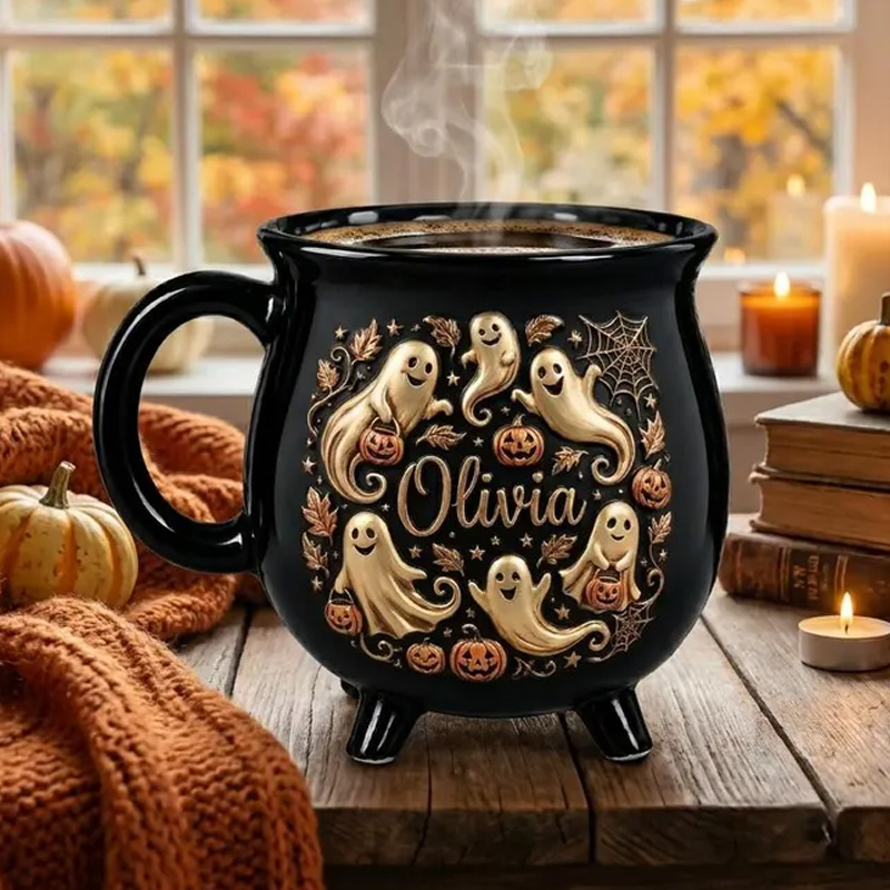 Personalized Halloween Ghost Pumpkin Custom Name Cozy Autumn Spooky Fall Gift Pumpkin Cauldron Ceramic Coffee Mug