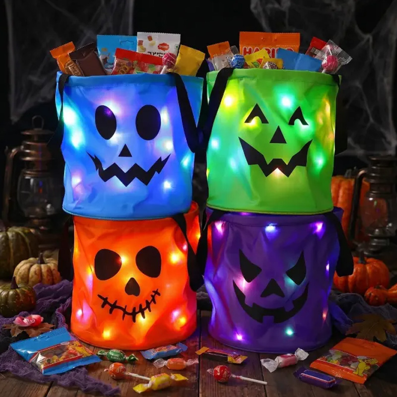 Personalized Halloween Led Light Up Pumpkin Candy Bucket Custom Name Glow In Dark Trick Or Treat Bag