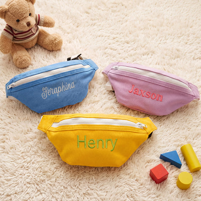 Personalized Embroidery Name Colorful Canvas Kids Crossbody Waist Bag Daily Use Children's Day Birthday Gift for Boys Girls