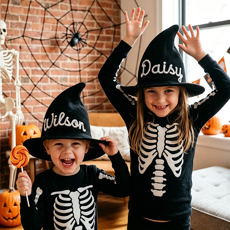 Personalized Kids Witch Hat Custom Name Halloween Costume Accessory Matching Sibling Black Pointed Hat