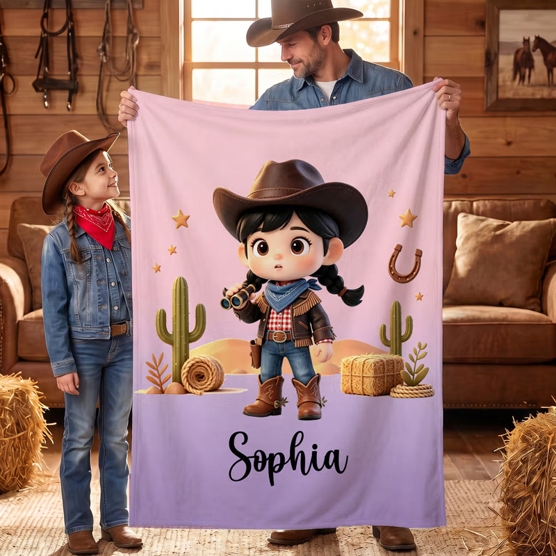Personalized Cactus Cartoon Character Photo Soft Throw Blanket with Na