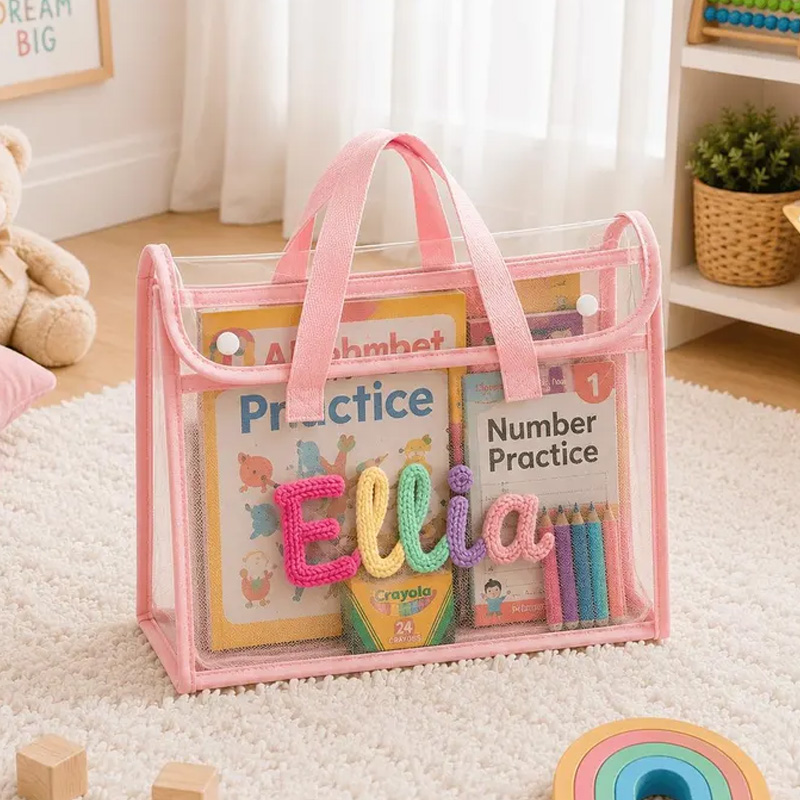 Personalized Rope Embroidery Kids Learning Tote Bag Custom Name Storag