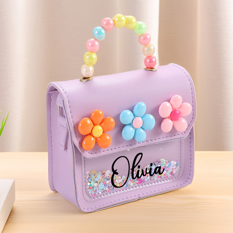 Personalized Kids Crossbody Flower Purse Custom Name Glitter Handbag Rainbow Beaded Handle Gift for Gilr