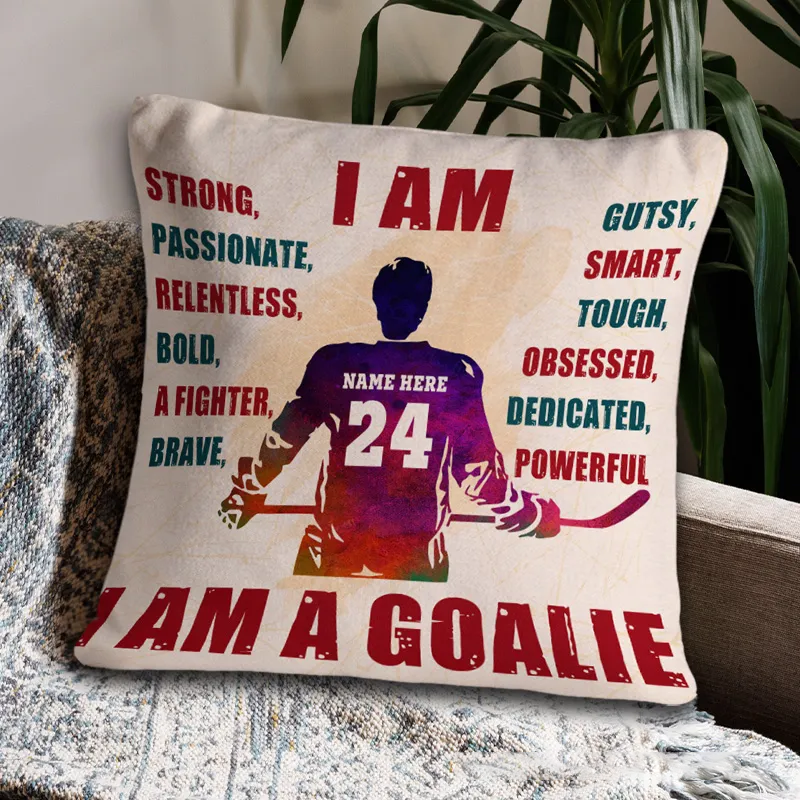 Personalized Ice Hockey Throw Pillow with Custom Name, Number, and Empowering Words Sale-megacustom