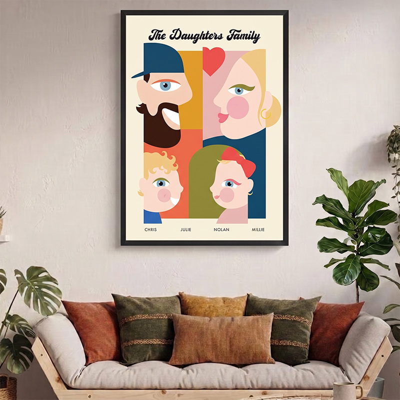 Personalized Family Portrait Canvas Custom Family Illustration with Names Modern Minimalist Wall Art Unique Family Gift Housewarming Decor