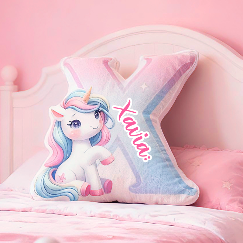 Personalized Cartoon Cute Pink Dream Horse Initials with Name Graphic 3D Print Pillow Christmas Gift for Kids 