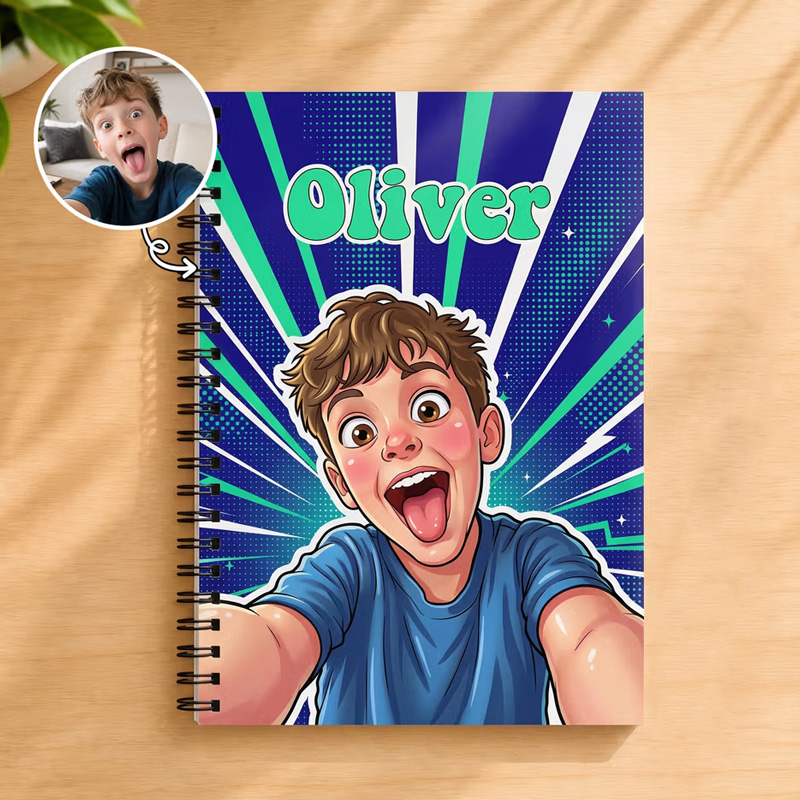 Personalized Comic-Style Photo Character A5 Spiral Journal Notebook with Name Daily Use Birthday Gift for Boys Girls Kids