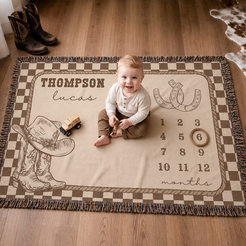Personalized Baby Cowboy Milestone Blanket Custom Name Western Month Tracker Soft Photo Prop Rug