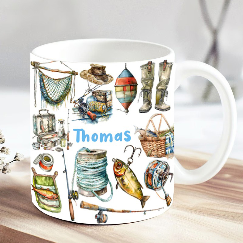 Personalized Fishing Mug Fishing Gear Design Custom Name Perfect Gift for Fishing Lovers Durable Ceramic Coffee Cup for Daily Use