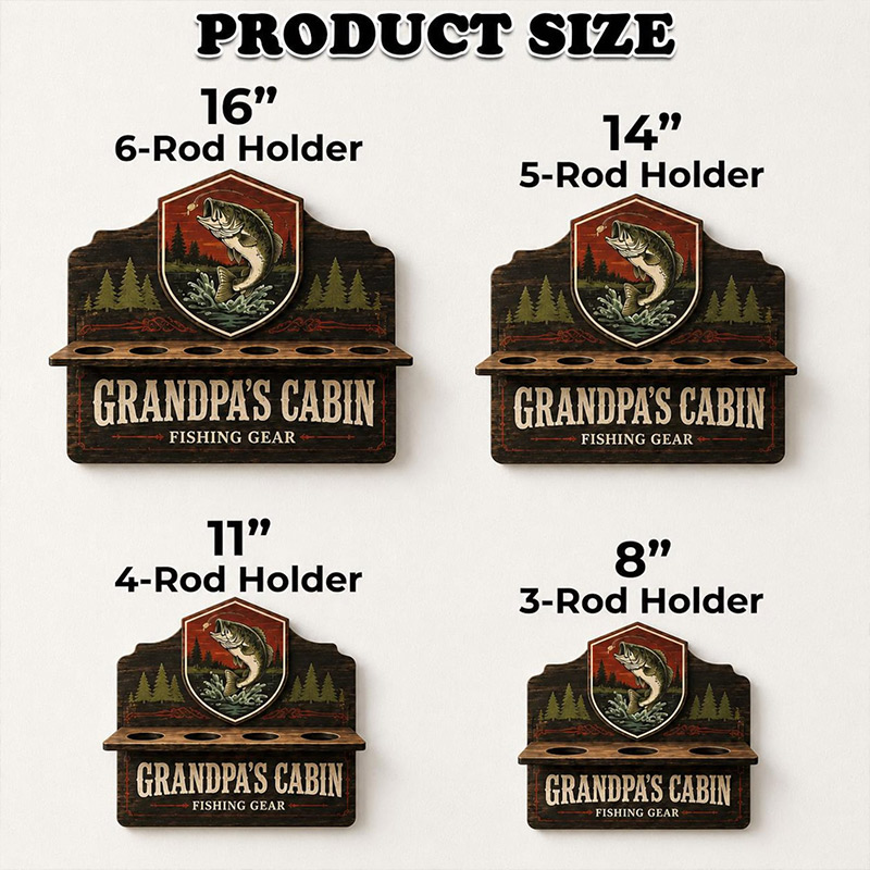 Personalized Fishing Rod Holder Fishing Rod 6-Rod Holder Custom Name Wall Mount Wood Construction Bass Fishing Station Sign Dad Grandpa Fishing Gift