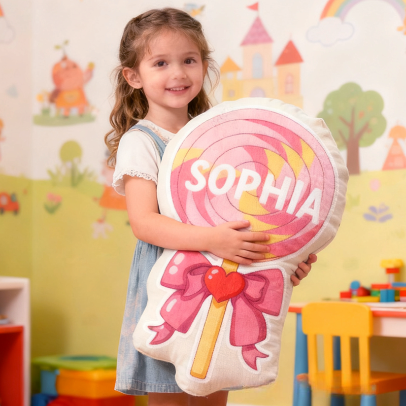 Personalized Cute Pink Lollipop with Name Graphic 3D Print Pillow Christmas Gift for Kids 