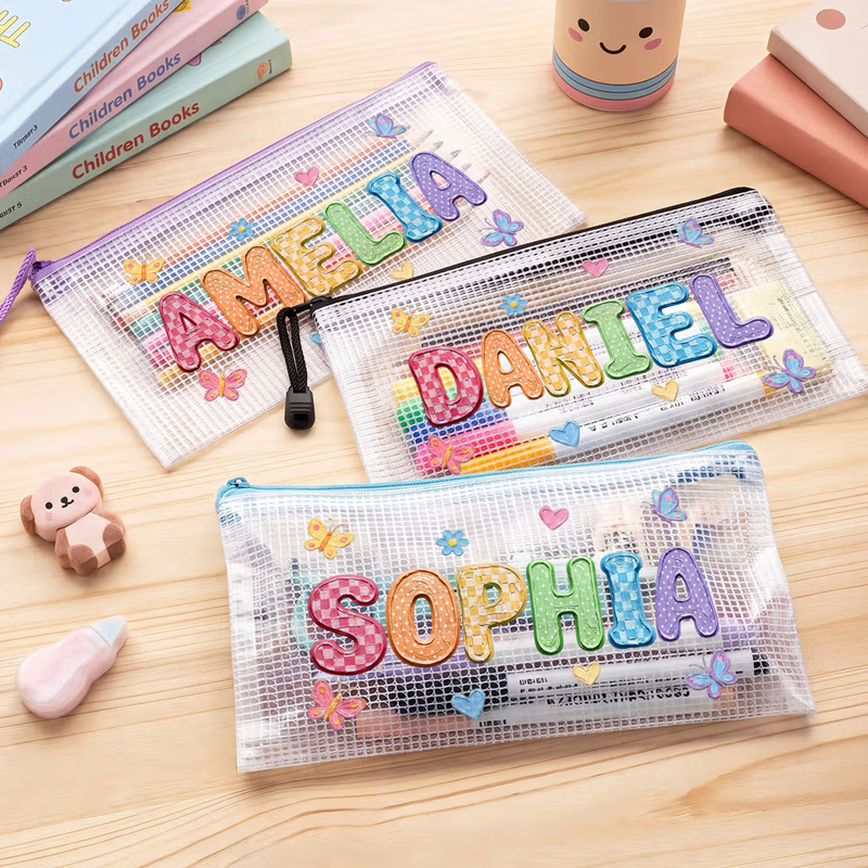 Personalized Oil Painting Style Butterfly Heart Waterproof Portable Mesh Pencil Pouch with Name and Zipper Back to School Birthday Gift for Kids